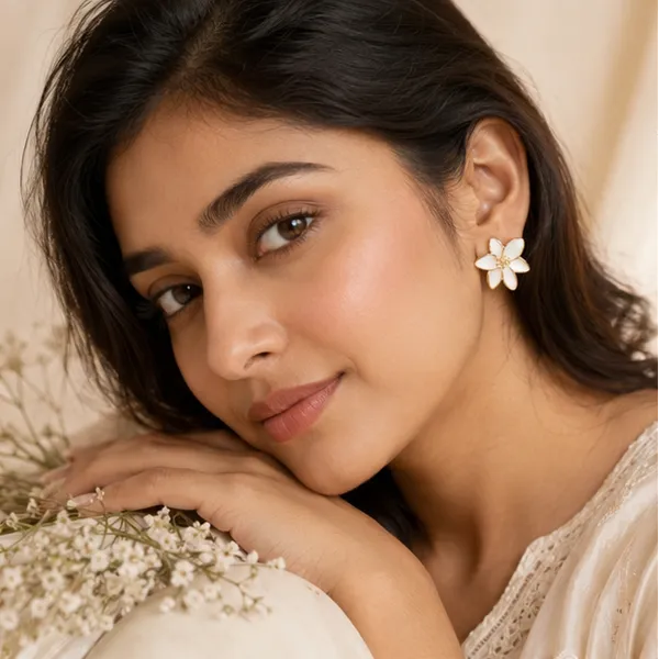 White_Lily_Petal_Stud_Earrings_Gold_Tone_Beaded_Centre_For_Women