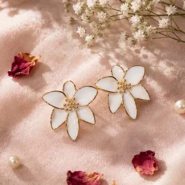 White_Lily_Petal_Stud_Earrings_Gold_Tone_Beaded_Centre_For_Women