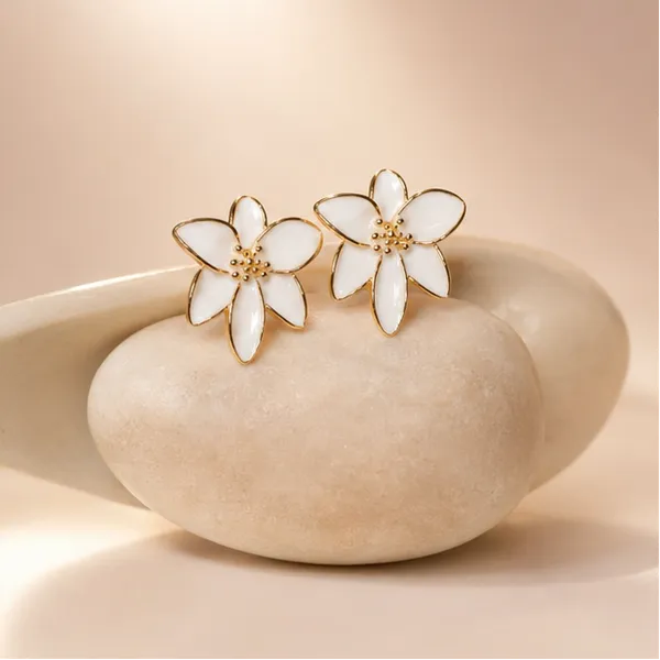 White_Lily_Petal_Stud_Earrings_Gold_Tone_Beaded_Centre_For_Women