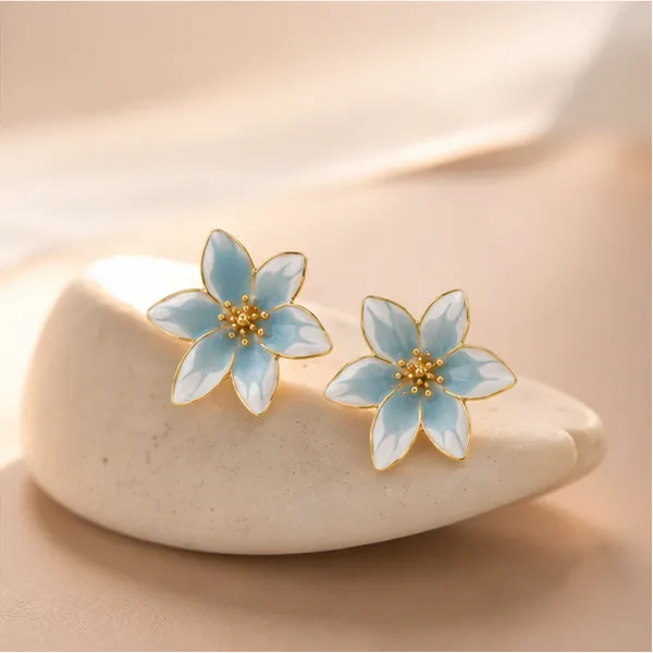 Blue_White_Lily_Stud_Earrings_Gold_Tone_Beaded_Centre_For_Women