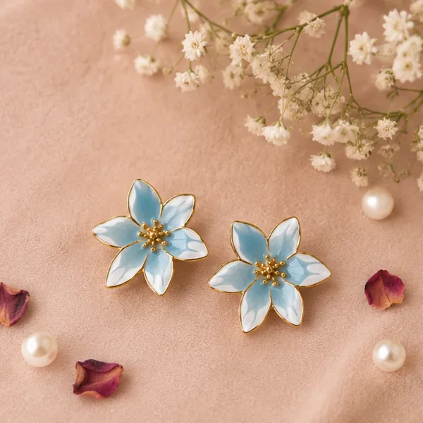 Blue_White_Lily_Stud_Earrings_Gold_Tone_Beaded_Centre_For_Women