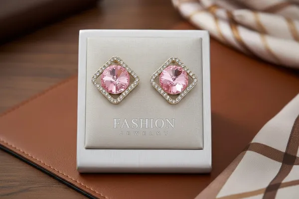 Pink_Crystal_Diamond_Frame_Stud_Earrings_Gold_Tone_Cz_For_Women