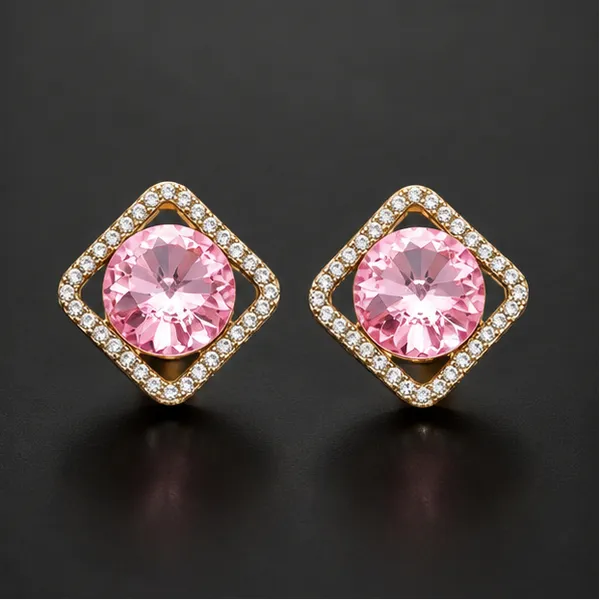 Pink_Crystal_Diamond_Frame_Stud_Earrings_Gold_Tone_Cz_For_Women