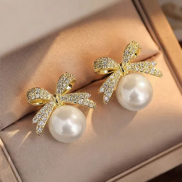 Cz_Bow_Pearl_Stud_Earrings_Gold_Tone_For_Women
