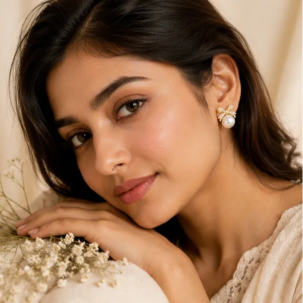 Cz_Bow_Pearl_Stud_Earrings_Gold_Tone_For_Women