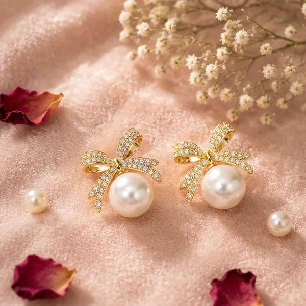 Cz_Bow_Pearl_Stud_Earrings_Gold_Tone_For_Women