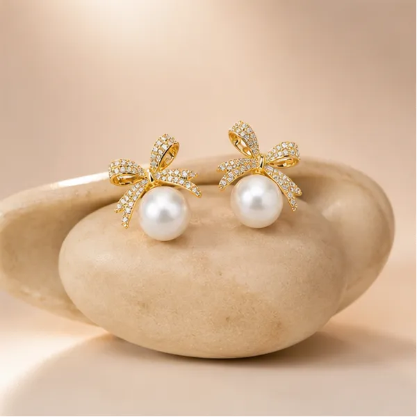 Cz_Bow_Pearl_Stud_Earrings_Gold_Tone_For_Women