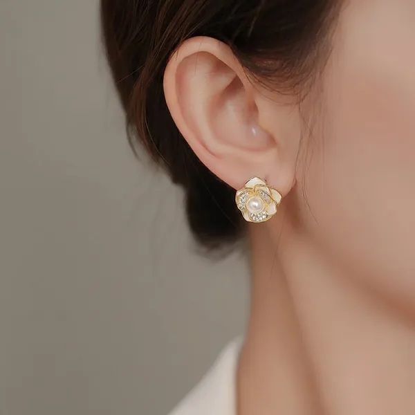 White_Rose_Cz_Pearl_Stud_Earrings_Gold_Tone_For_Women