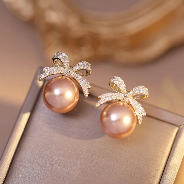 Cz_Bow_Peach_Pearl_Stud_Earrings_Gold_Tone_For_Women