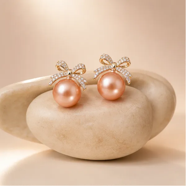 Cz_Bow_Peach_Pearl_Stud_Earrings_Gold_Tone_For_Women