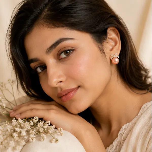 Cz_Bow_Peach_Pearl_Stud_Earrings_Gold_Tone_For_Women