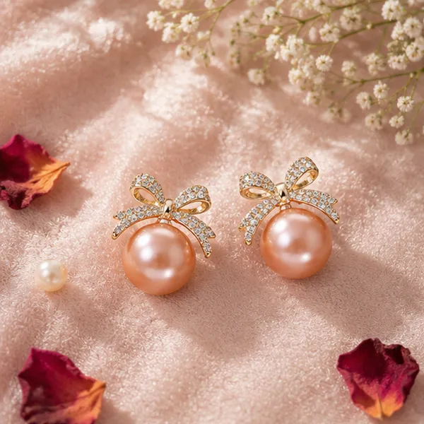 Cz_Bow_Peach_Pearl_Stud_Earrings_Gold_Tone_For_Women