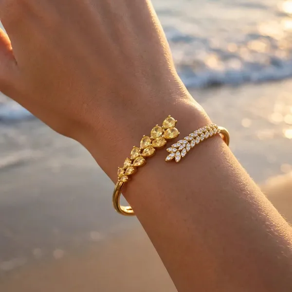Leaf_Vine_Bangle_Bracelet_For_Women_Yellow_Clear_Cz_Open_Cuff