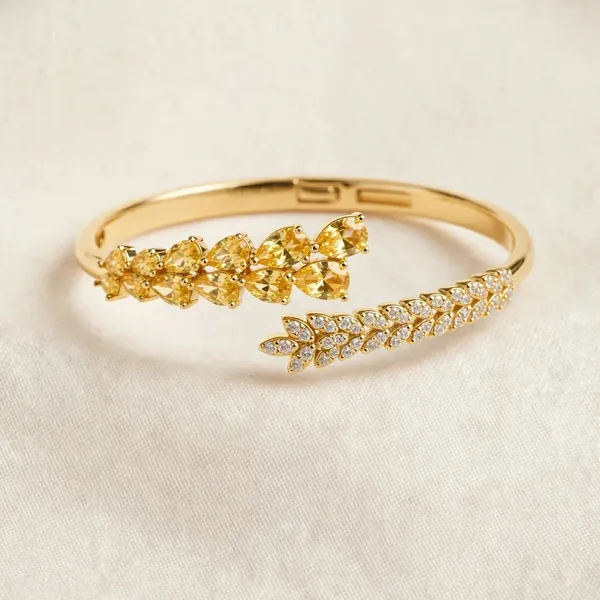 Leaf_Vine_Bangle_Bracelet_For_Women_Yellow_Clear_Cz_Open_Cuff