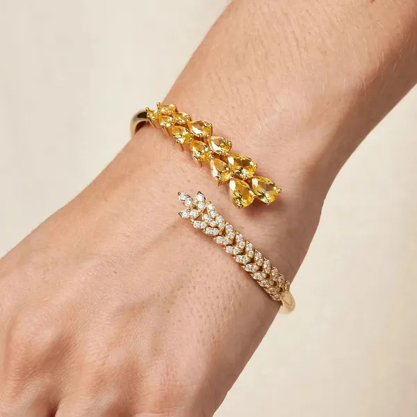 Leaf_Vine_Bangle_Bracelet_For_Women_Yellow_Clear_Cz_Open_Cuff