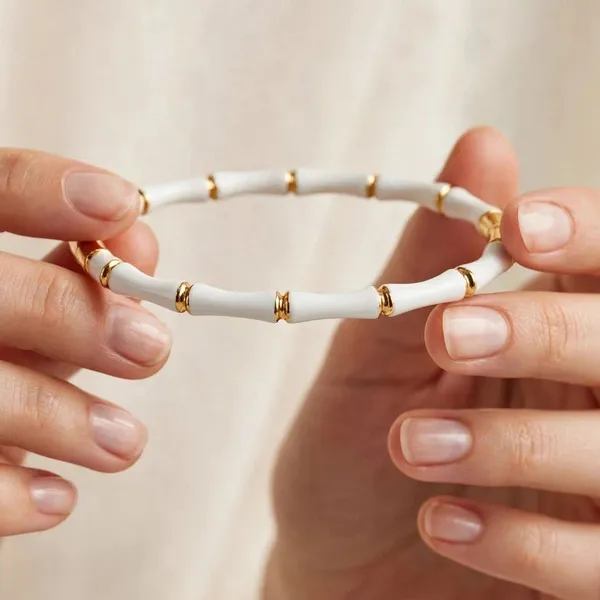 White_Enamel_Bamboo_Bracelet_Gold_Stainless_Steel_For_Women