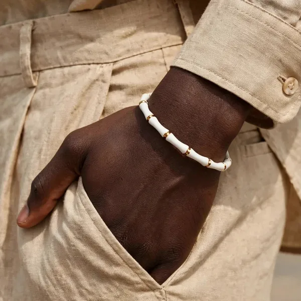 White_Enamel_Bamboo_Bracelet_Gold_Stainless_Steel_For_Women