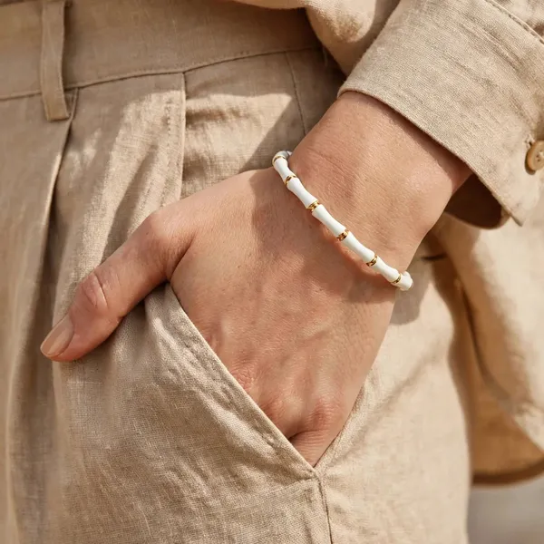 White_Enamel_Bamboo_Bracelet_Gold_Stainless_Steel_For_Women