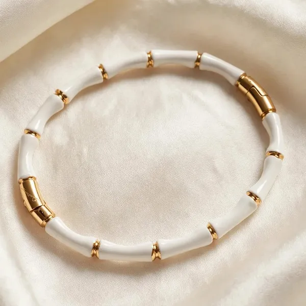 White_Enamel_Bamboo_Bracelet_Gold_Stainless_Steel_For_Women