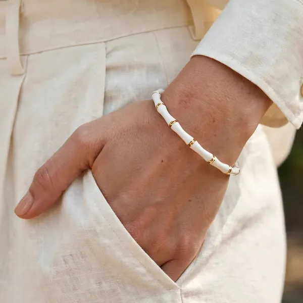 White_Enamel_Bamboo_Bracelet_Gold_Stainless_Steel_For_Women