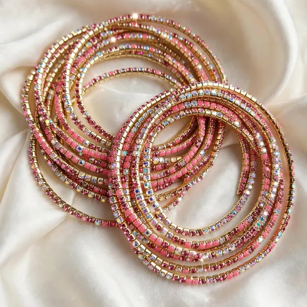 Pink_Crystal_Chain_Bangle_Gold_Stretch_Bracelet_For_Women