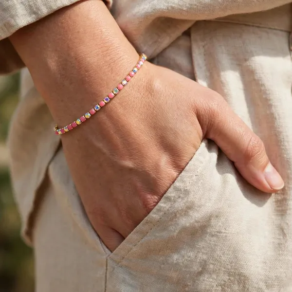 Pink_Crystal_Chain_Bangle_Gold_Stretch_Bracelet_For_Women