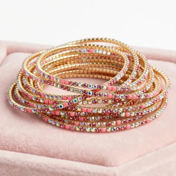 Pink_Crystal_Chain_Bangle_Gold_Stretch_Bracelet_For_Women