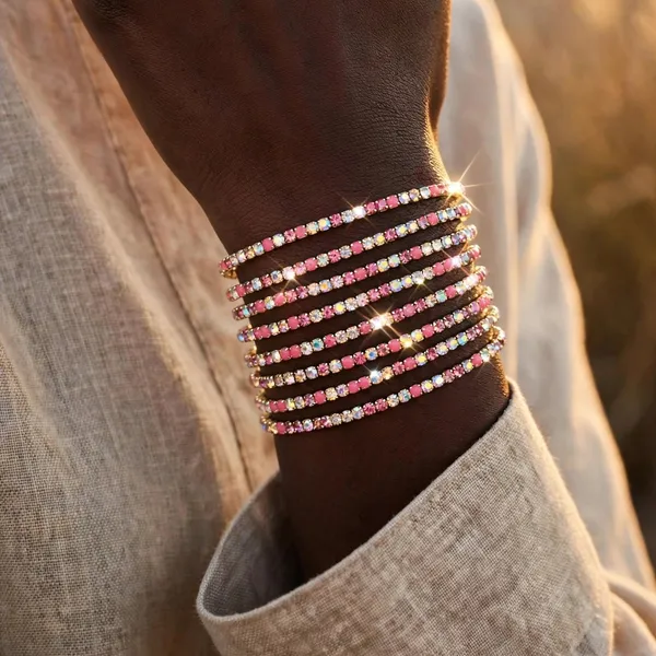 Pink_Crystal_Chain_Bangle_Gold_Stretch_Bracelet_For_Women