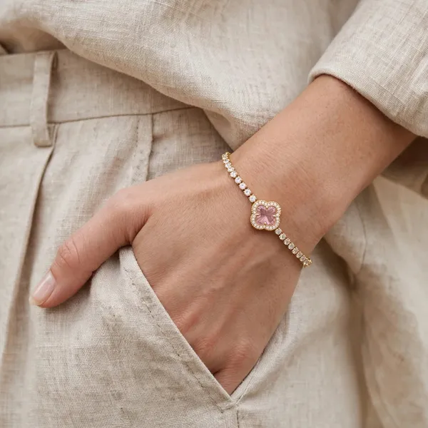 Pink_Clover_Tennis_Bracelet_Gold_Plated_Cz_For_Women