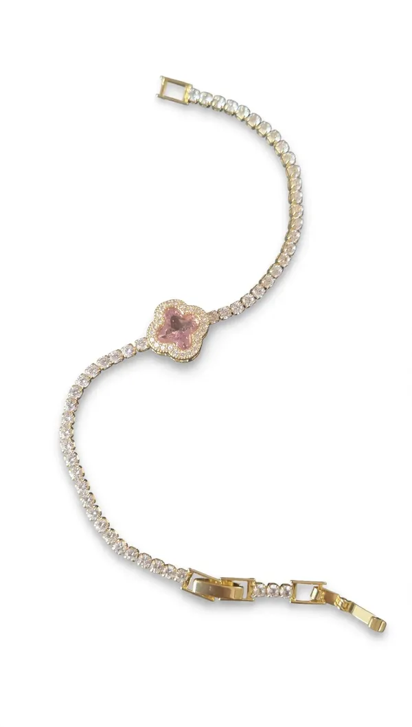 Pink_Clover_Tennis_Bracelet_Gold_Plated_Cz_For_Women