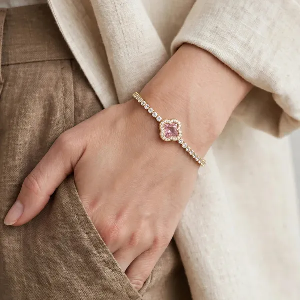 Pink_Clover_Tennis_Bracelet_Gold_Plated_Cz_For_Women