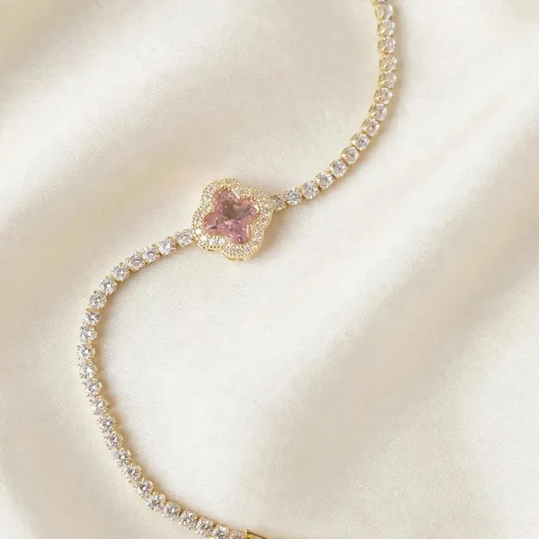 Pink_Clover_Tennis_Bracelet_Gold_Plated_Cz_For_Women