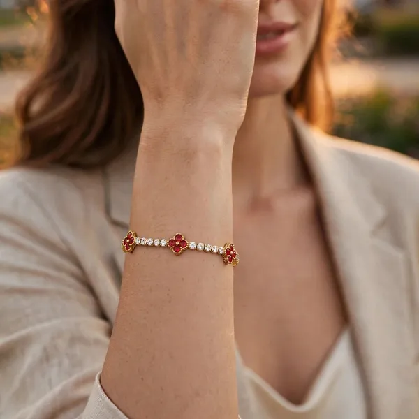 Triple_Red_Clover_Tennis_Bracelet_Gold_Plated_Cz_For_Women