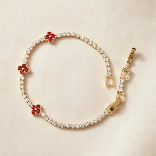 Triple_Red_Clover_Tennis_Bracelet_Gold_Plated_Cz_For_Women