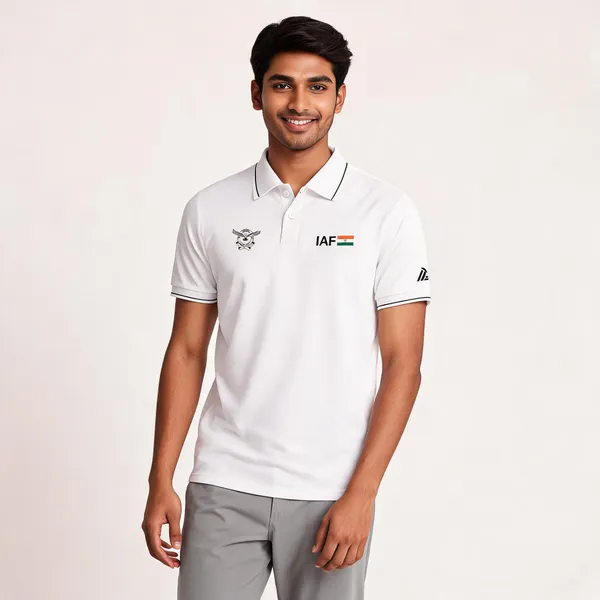 White_Cotton_Blend_Regular_Fit_Indian_Air_Force_Polo_T-Shirt_For_Men