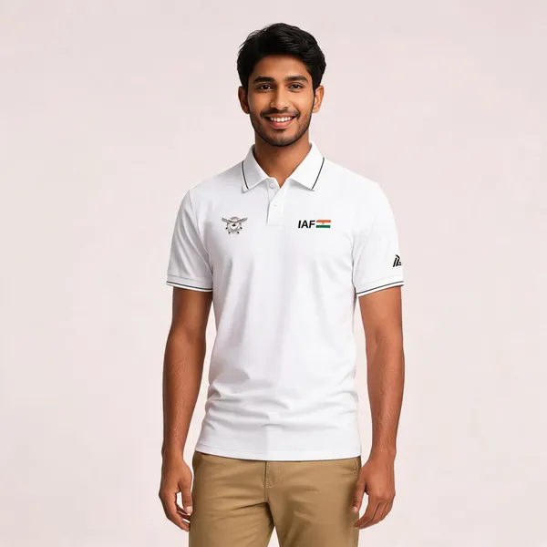 White_Cotton_Blend_Regular_Fit_Indian_Air_Force_Polo_T-Shirt_For_Men