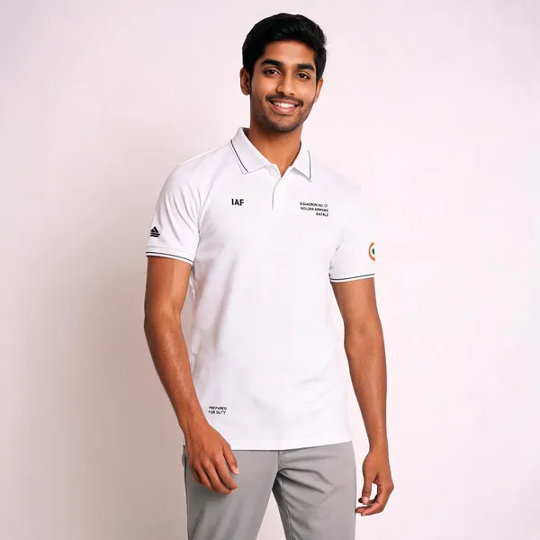White_Cotton_Lycra_Regular_Fit_Golden_Arrows_Sqn_17_Polo_T-Shirt_For_Men