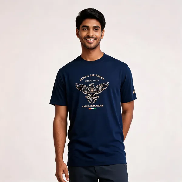 Blue_Cotton_Lycra_Regular_Fit_Iaf_Garud_Graphic_T-Shirt_For_Men