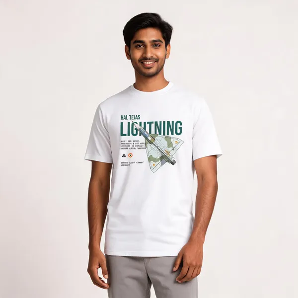 White_Cotton_Regular_Fit_Hal_Tejas_Lightning_T-Shirt_For_Men