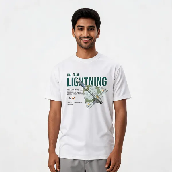 White_Cotton_Regular_Fit_Hal_Tejas_Lightning_T-Shirt_For_Men