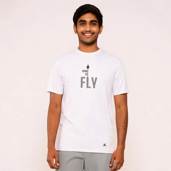 White_Cotton_Blend_Regular_Fit_Born_To_Fly_Graphic_T-Shirt_For_Men