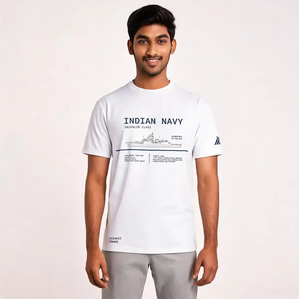 White_Cotton_Blend_Regular_Fit_Navy_Frigate_T-Shirt_For_Men