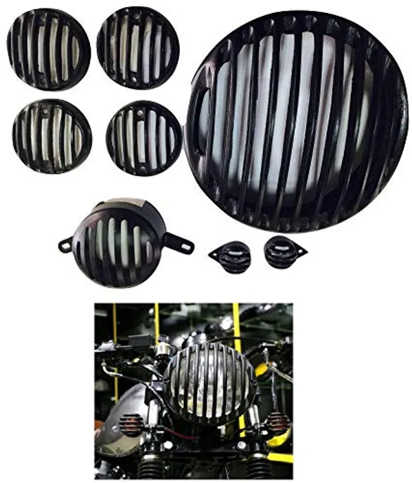 Grandbiker_Headlight_Heavy_Grill_Shade,_Indicator,_Tail,_Eyes_Grill_for_Royal_Enfield_Bullet_Classic_350/500/Chrome/Desert_Storm_(Black)_-_Pack_of_8