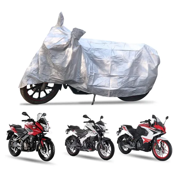 Grandbiker_Bike_Cover_for_Pulsar_-_Water_Resistant_Dust_and_Heat_Protection_|Mirror_Pockets_|_5-Thread_Interlock_Stitching_|_Motorcycle_Cover_(Silver)