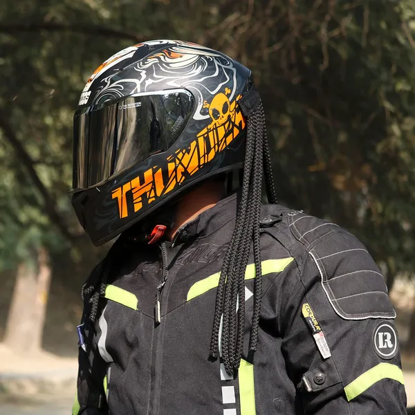 Grandbiker_Polyester_Universal_Design_Predator_Dreadlocks/Add-On_Hair_Attachment_for_Rider_Helmet,_Black_and_Neon_6_mm_predator_with_24_hair_length_(_Helmet_not_incluted)