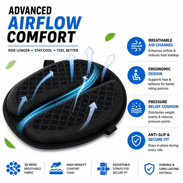 Grandbiker®_Universal_Fit_Gel_Air_Seat_Cushion_|_3D_Honeycomb_Gel_Structure_Cover_for_Long_Rides_|_Detachable_Cover_|_Lumbar_Support_|_Breathable_|_Durable_Design_|_Ideal_for_Bike_(Black)