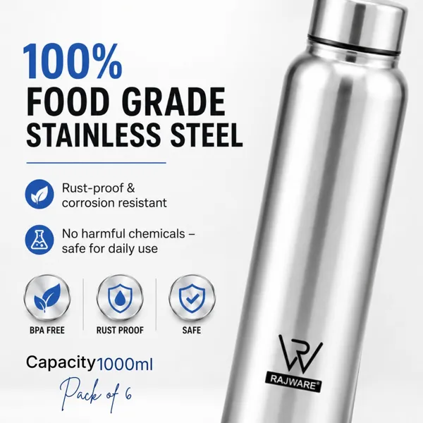 rajware_PORT_Single_Wall_Water_Bottle,_Capacity,_Matte_Finish_–_Silver_Color_1000_ml_Stainless_Steel_Bottle_(Pack_of_6,_Silver)