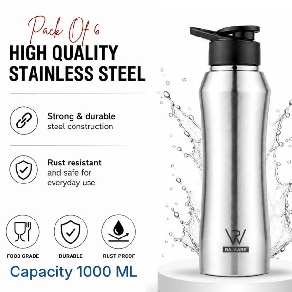 rajware_RUSH_Single_Wall_Water_Bottle,_Matte_Finish_–_Silver_Color_1000_ml_Stainless_Steel_Bottle_(Pack_of_6,_Silver)