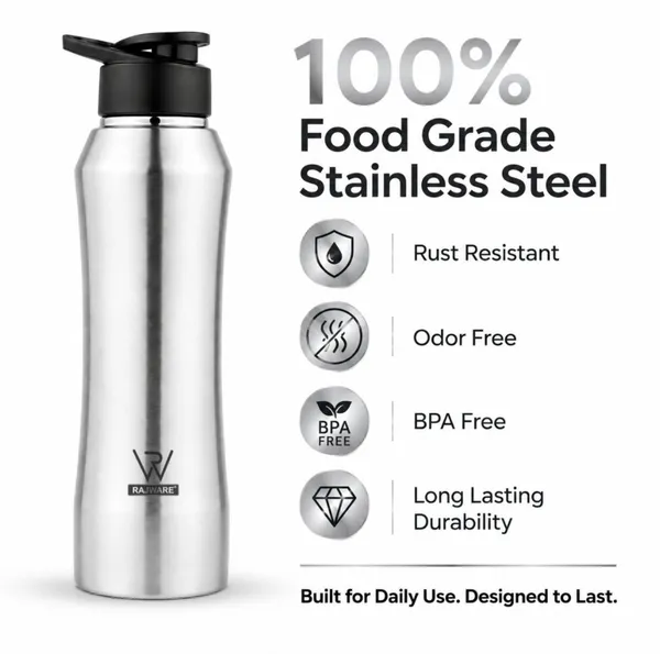 rajware_RUSH_Single_Wall_Water_Bottle,_Matte_Finish_–_Silver_Color_1000_ml_Stainless_Steel_Bottle_(Pack_of_6,_Silver)