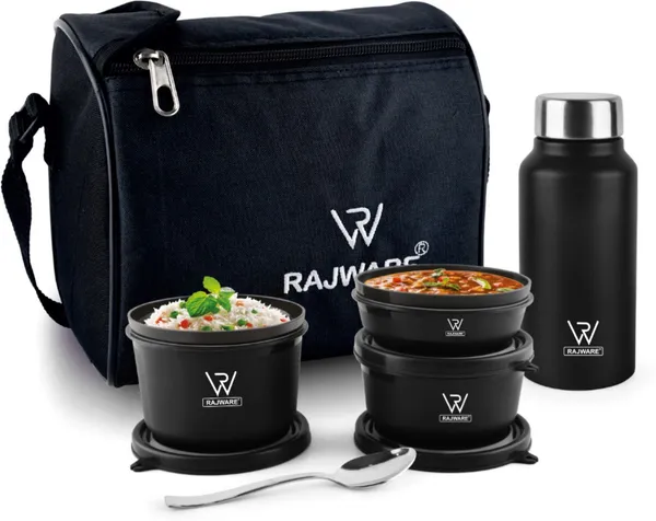 rajware_ECO_LUNCHER_Stainless_Steel_Lunch_Box_Set_with_3_Containers_&_500ml_Bottle-Black_2_Containers_Stainless_Steel_Office_Lunch_Box_(500_ml,_Microwave_Safe)_-_Set_Of_(4)